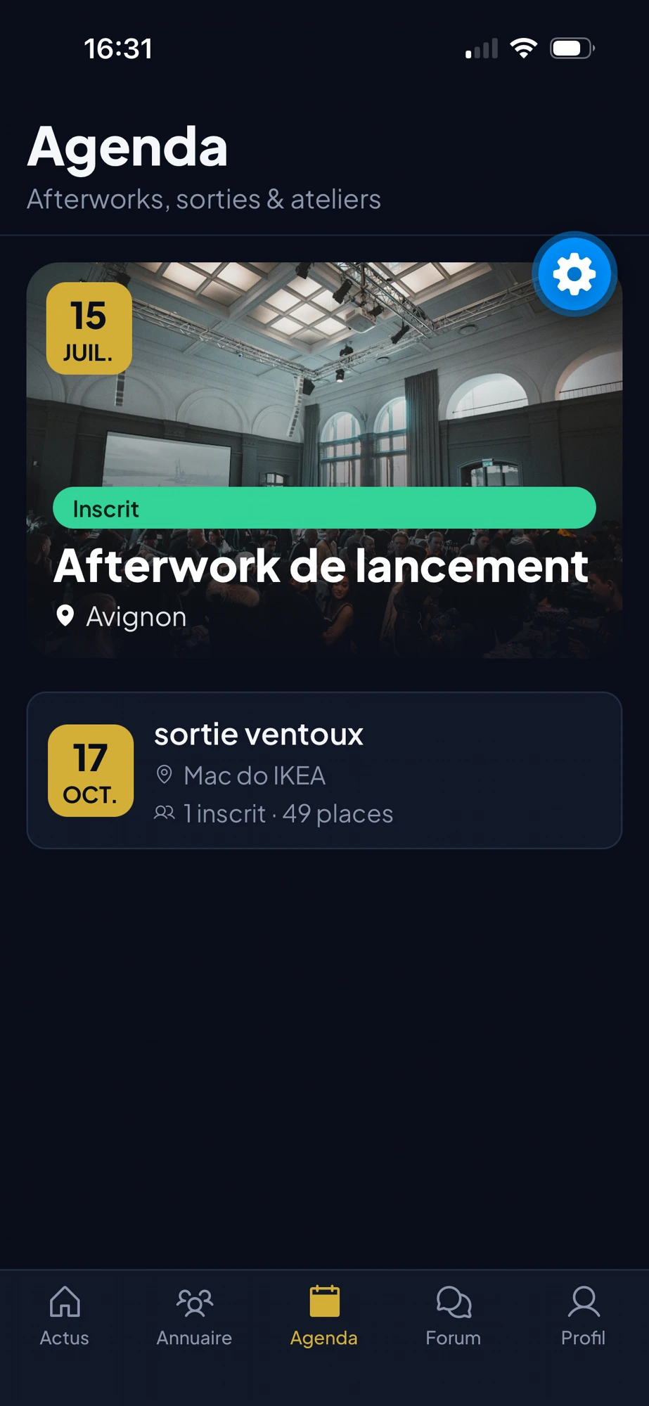 Agenda des événements du club